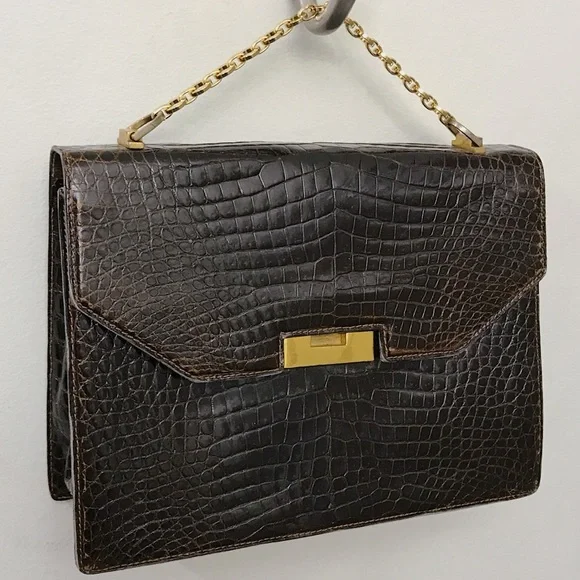 Gucci Brown Alligator Skin Top Handle Crossbody Bag Vintage Minimal Chic